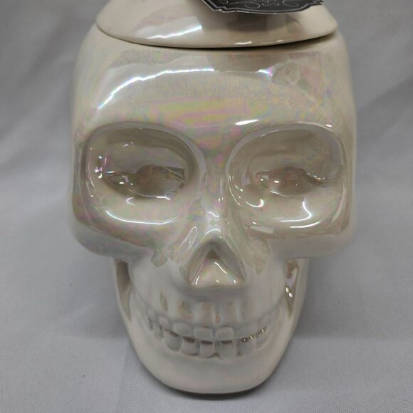 Halloween Decor Iridescent White Ceramic Skull Jar Canister With Lid - Picture 2 of 13